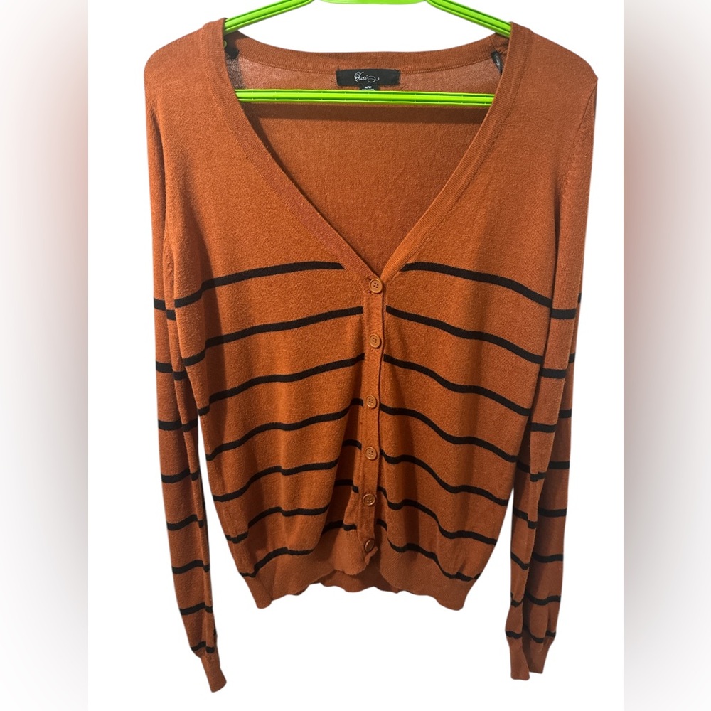 XXI Burnt Orange & Black Striped V-Neck Button Front Long Sleeve Cardi